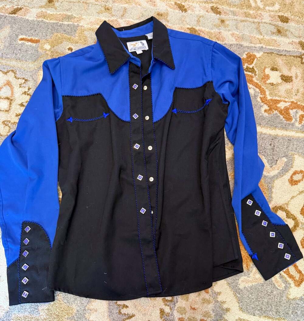 Panhandle Slim Retro Western Wear Blue and Black Pearl Snap Shirt